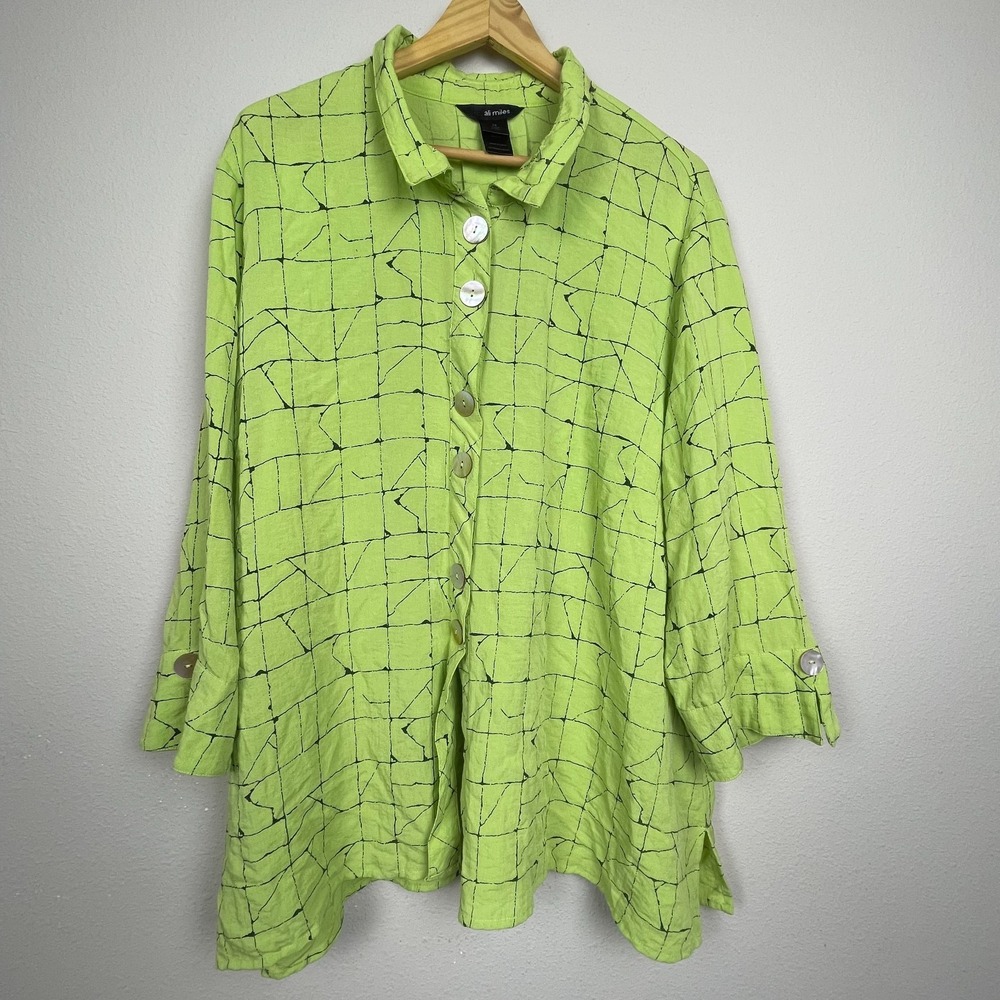 Ali Miles Lagenlook Tunic Top 2X Green Black Crinkle Button Up Shell Artsy Wire